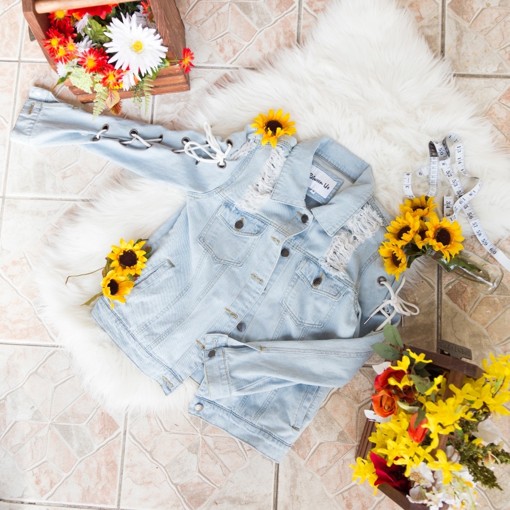 Distressed Light Blue Laced Up Jean Jacket